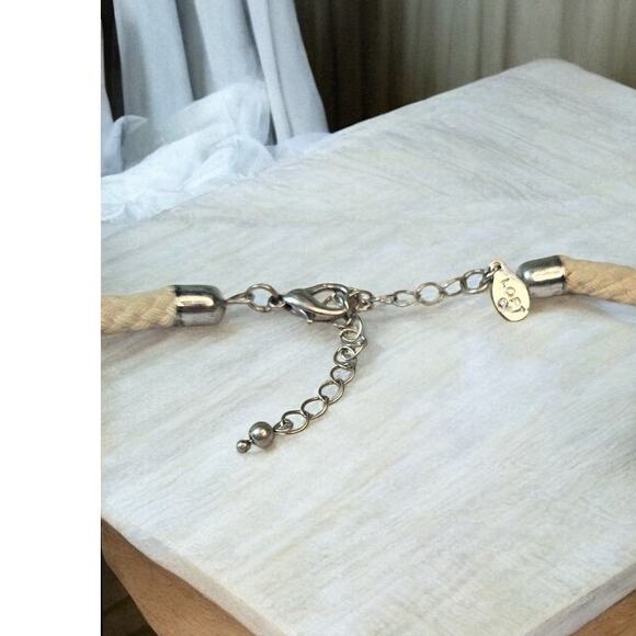 Loft Abalone Shell Silver Fringe Bib Statement Necklace with Braided Beige Cord - Picture 6 of 6